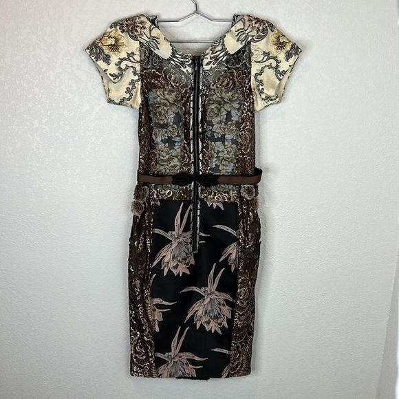 Host Pick❣️Beguile by Byron Lars Size 2 Black/Tan Pieced Brocade LBD - Picture 3 of 15